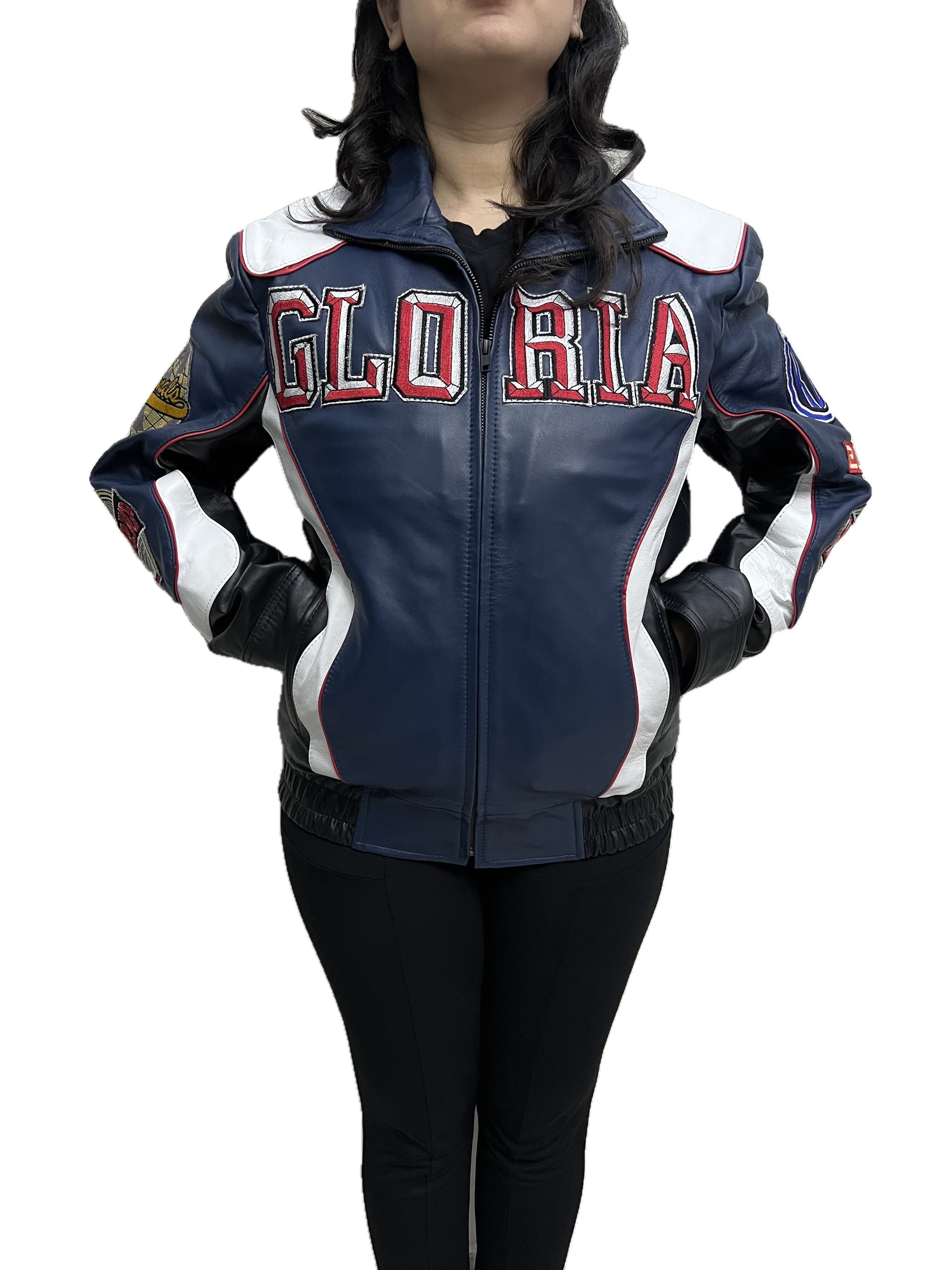 Women Gloria Kendrick Super Bowl Bomber Real Leather Jacket Front View in Blue, White and Red Patches