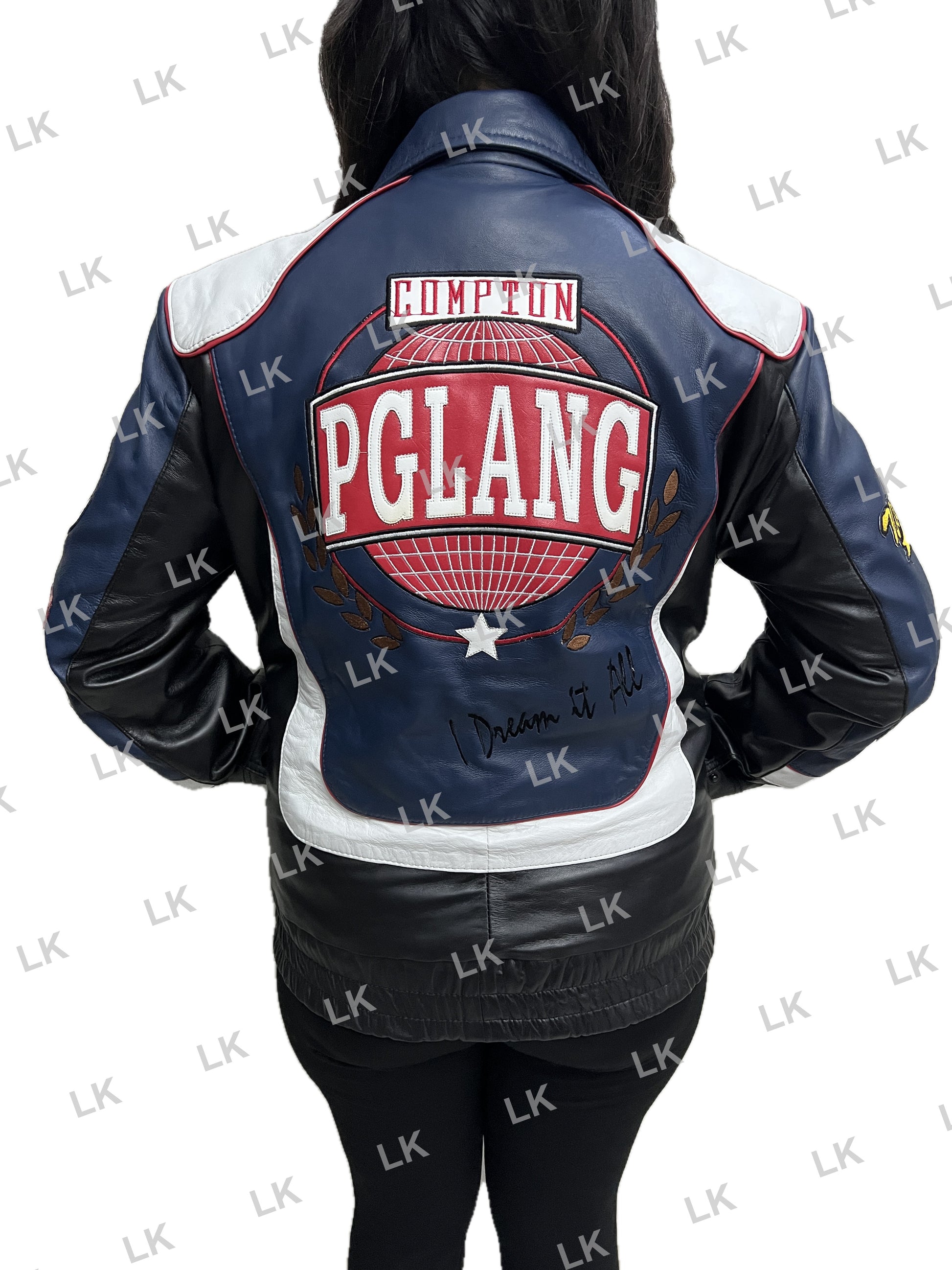 Back Design of Women Gloria Kendrick Super Bowl Bomber Real Leather Jacket with PGLang Compton Embroidered Patch