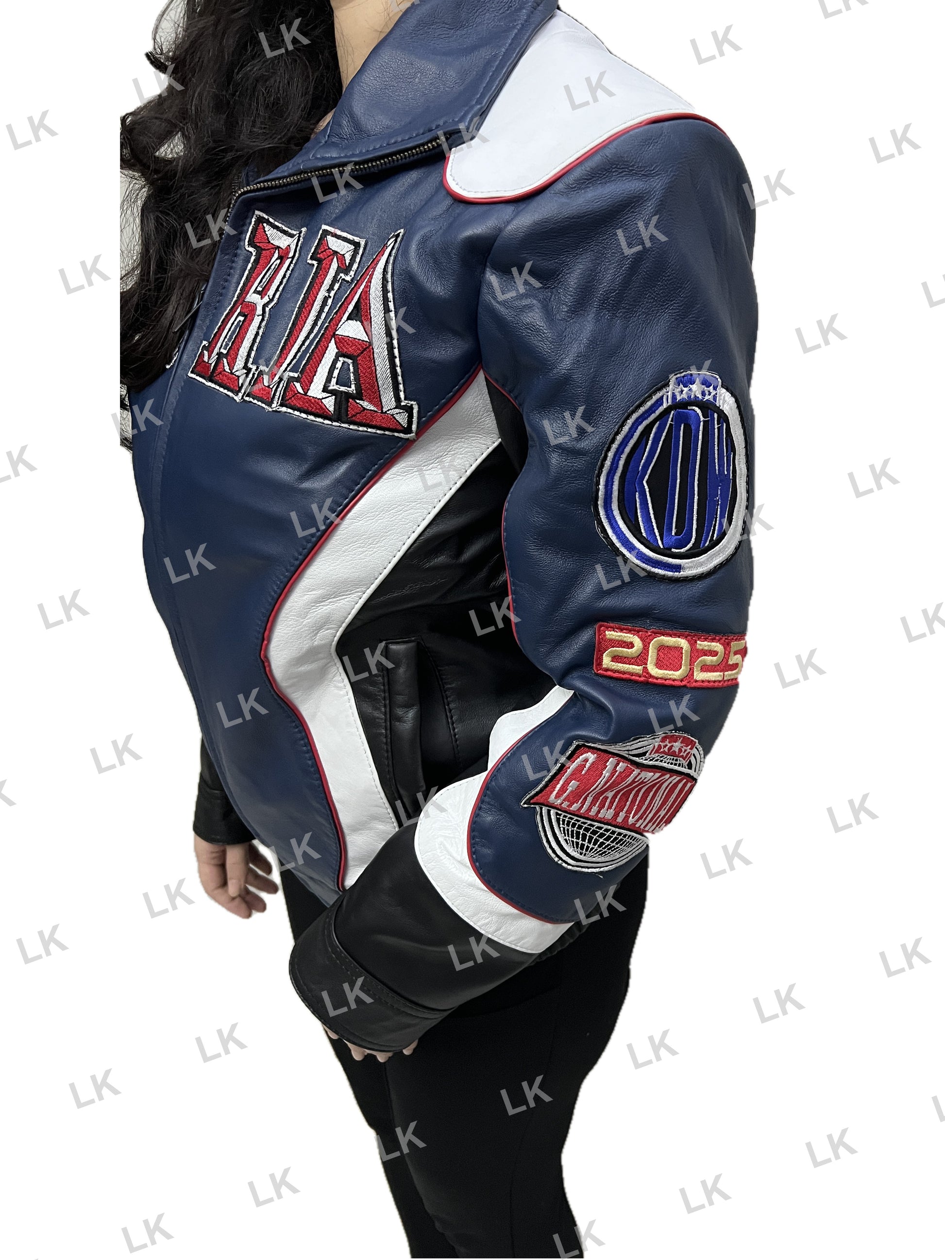 Right Side Close-Up of Women Gloria Kendrick Super Bowl Real Leather Bomber Jacket with 2025 Patch and Detailed Embroidery
