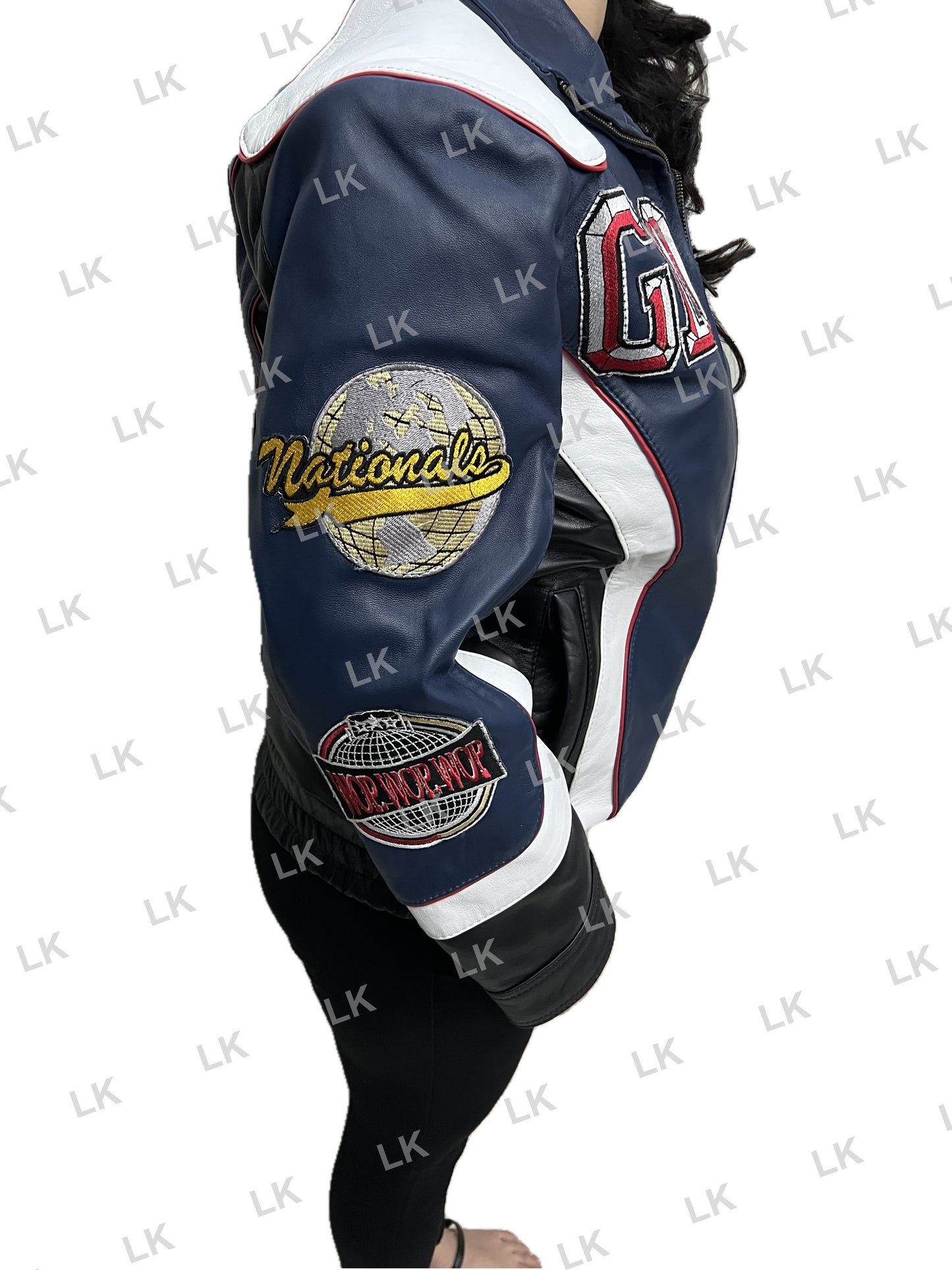 Left Sleeve Close-Up of Women Gloria Kendrick Super Bowl Bomber Leather Jacket featuring Nationals and World Tour Style Patches