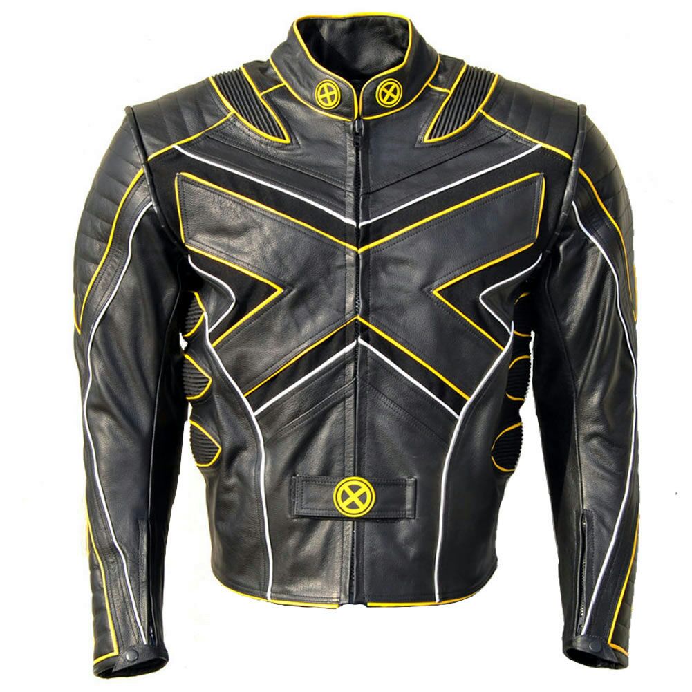 X-Men The Last Stand Wolverine Biker Leather Jacket Black leather with yellow piping and X-logo design front view