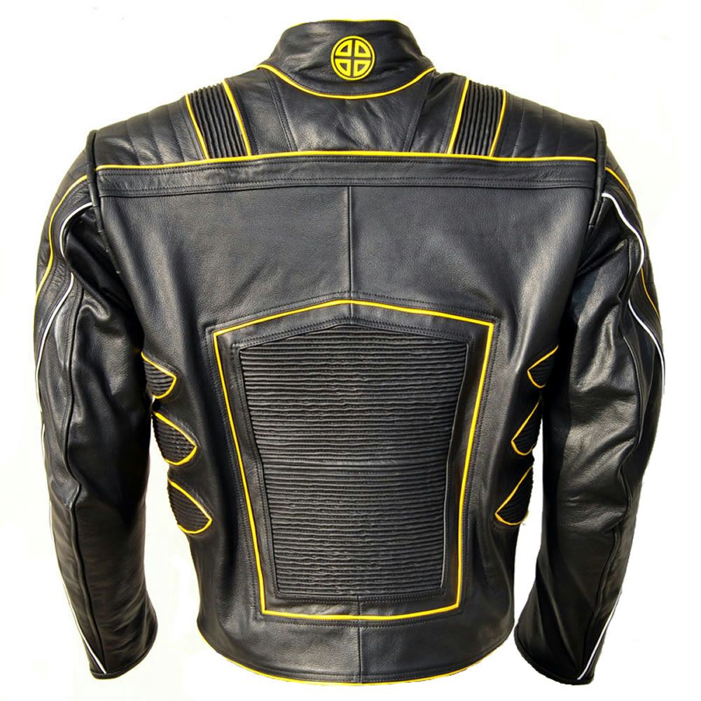 Wolverine Leather Jacket from X-Men The Last Stand Black leather biker jacket with ribbed back panel and yellow accents