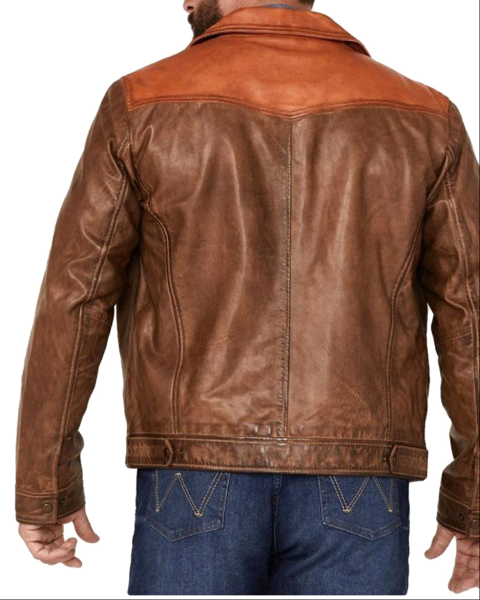 Yellowstone John Dutton Ranch brown leather jacket back design real leather western cowboy jacket with contrast yoke and stitching.