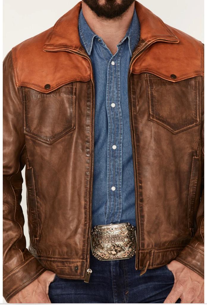Kevin Costner Yellowstone John Dutton leather jacket premium cowhide brown leather with tan shoulder design and western pockets.