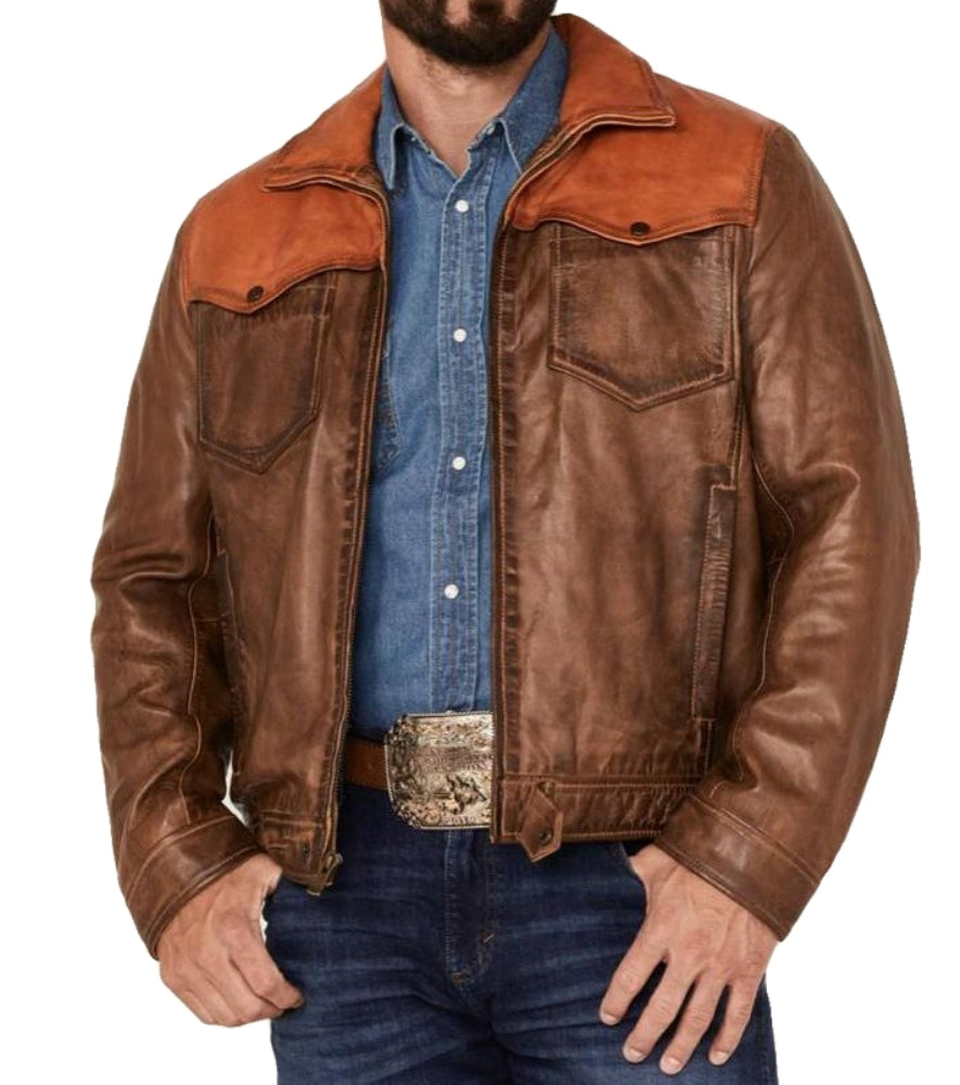 Yellowstone John Dutton Kevin Costner Brown Cowboy Real Leather Jacket front view distressed two-tone leather western jacket for men.