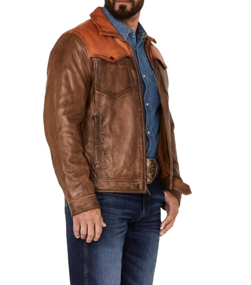 John Dutton Yellowstone Ranch real leather jacket side angle men’s brown cowboy jacket inspired by Kevin Costner