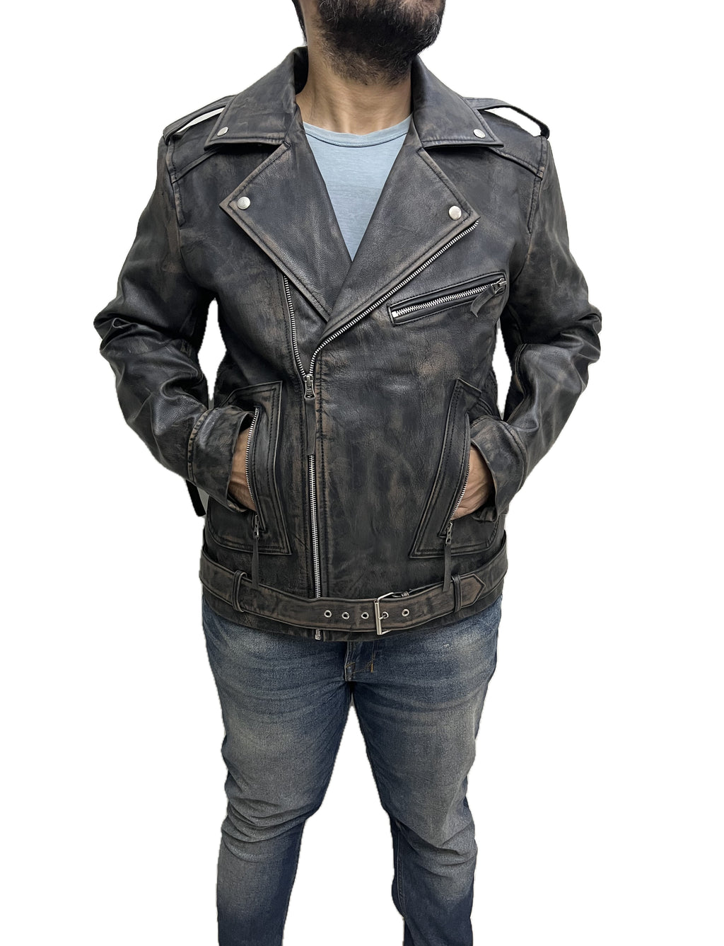 Marlon Brando inspired Terminator distressed black real leather biker jacket with hands in pockets