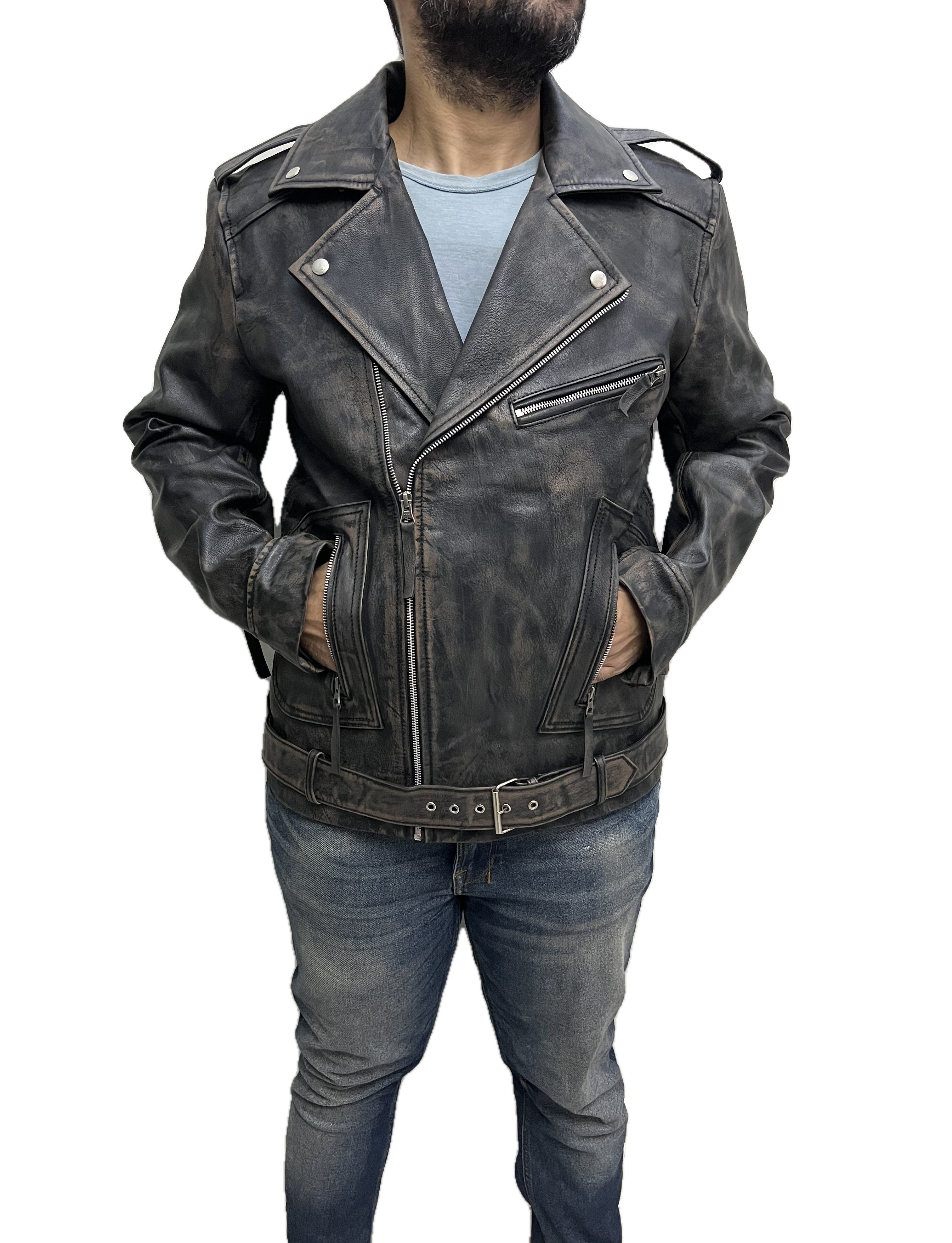 Marlon Brando inspired Terminator distressed black real leather biker jacket with hands in pockets