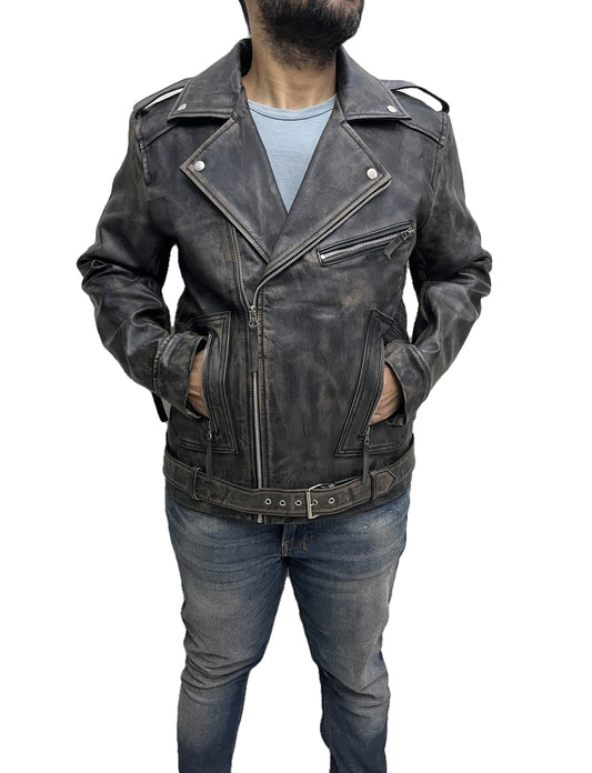 Marlon Brando inspired Terminator distressed black real leather biker jacket with hands in pockets