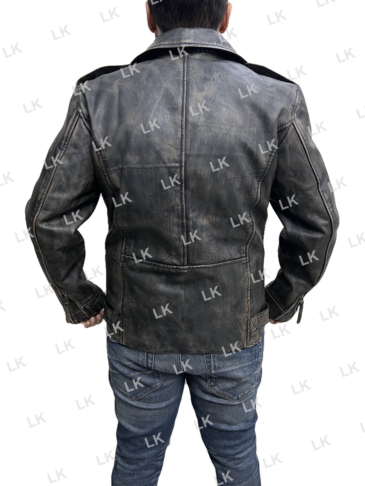 Back view of distressed black real leather Marlon Brando Police Style biker jacket on model