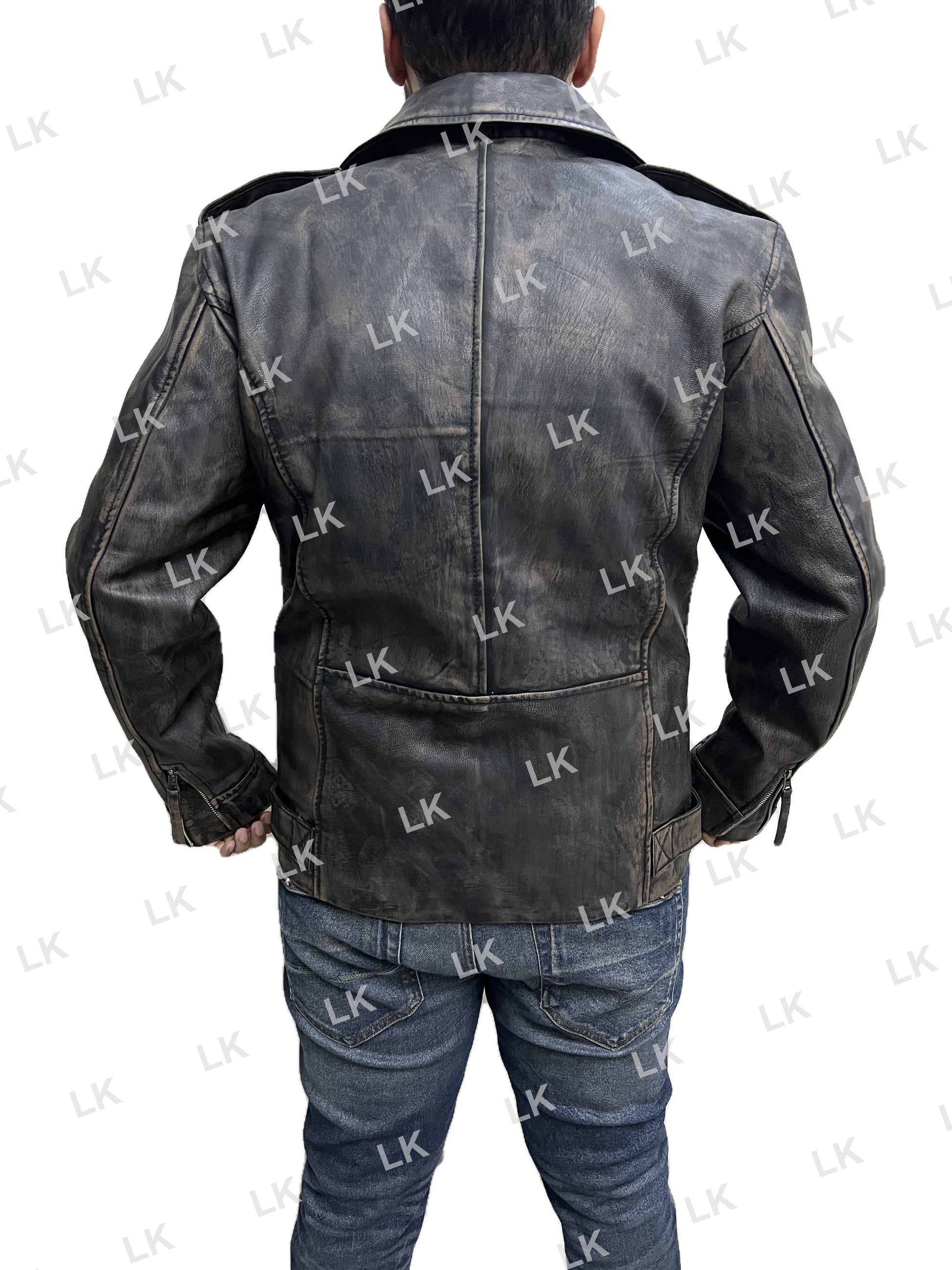 Back view of distressed black real leather Marlon Brando Police Style biker jacket on model