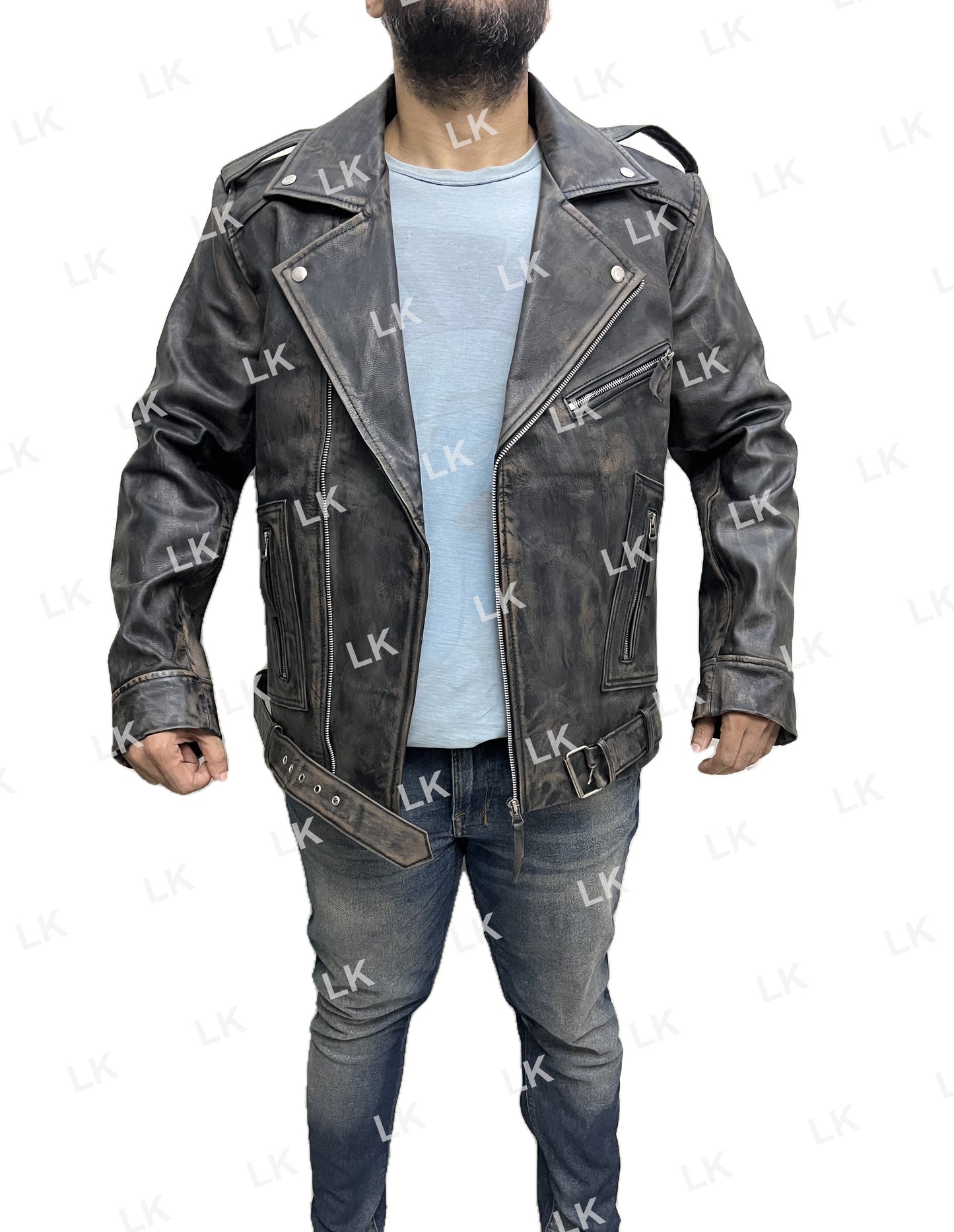 Men’s Marlon Brando Terminator distressed leather biker jacket front view with belt detail