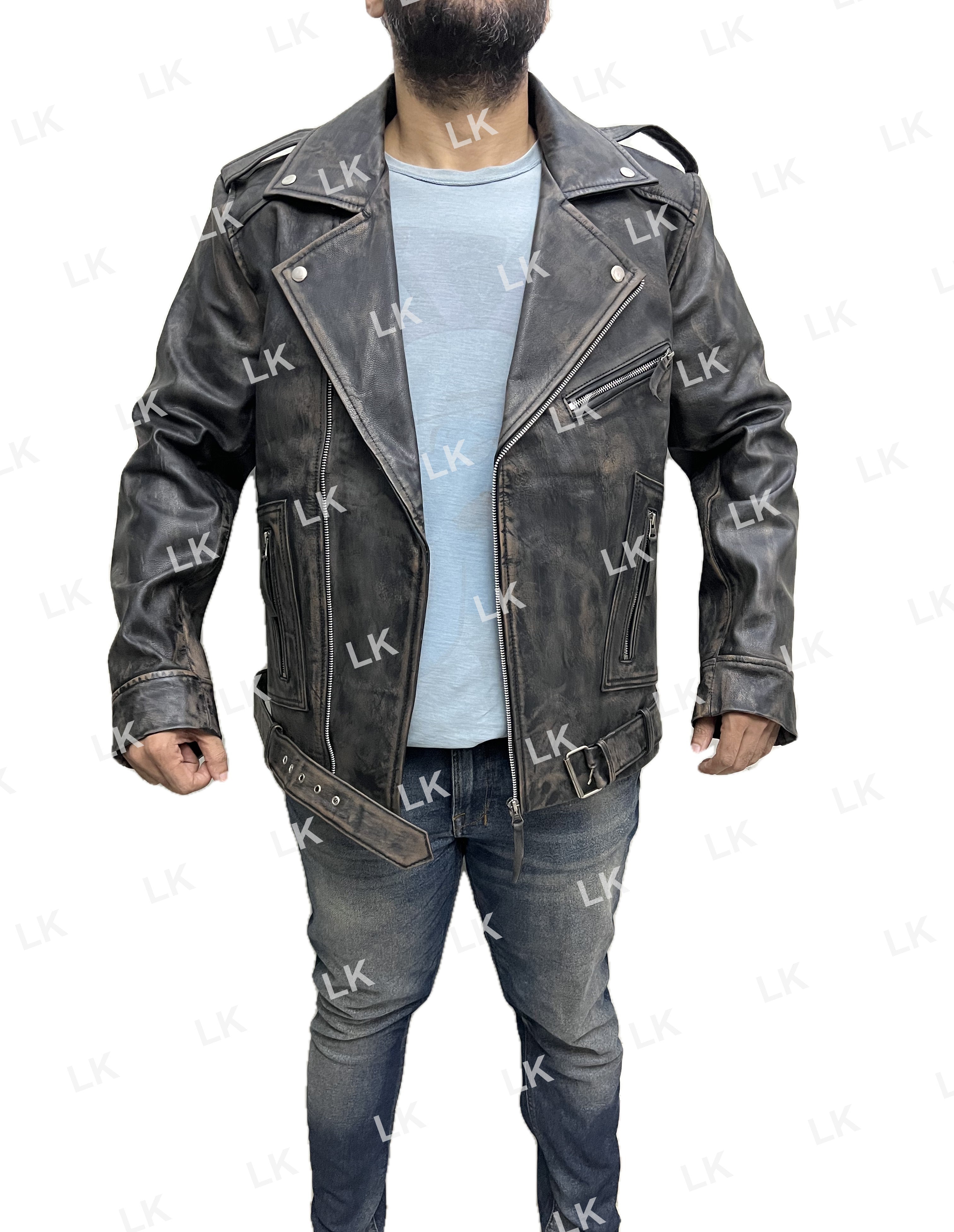 Men’s Marlon Brando Terminator distressed leather biker jacket front view with belt detail
