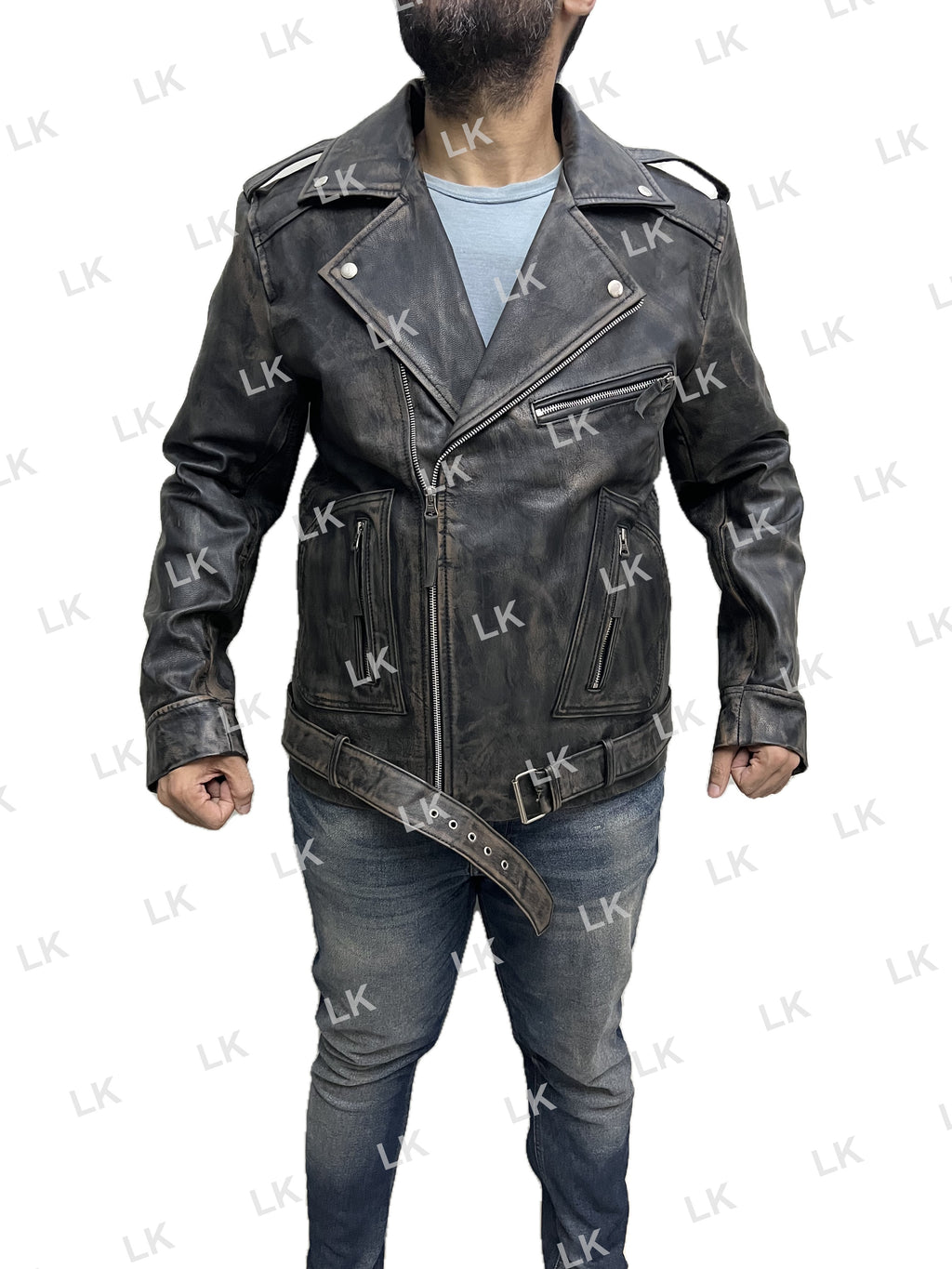Men Marlon Brando Police Style Terminator distressed real leather biker jacket front view on model