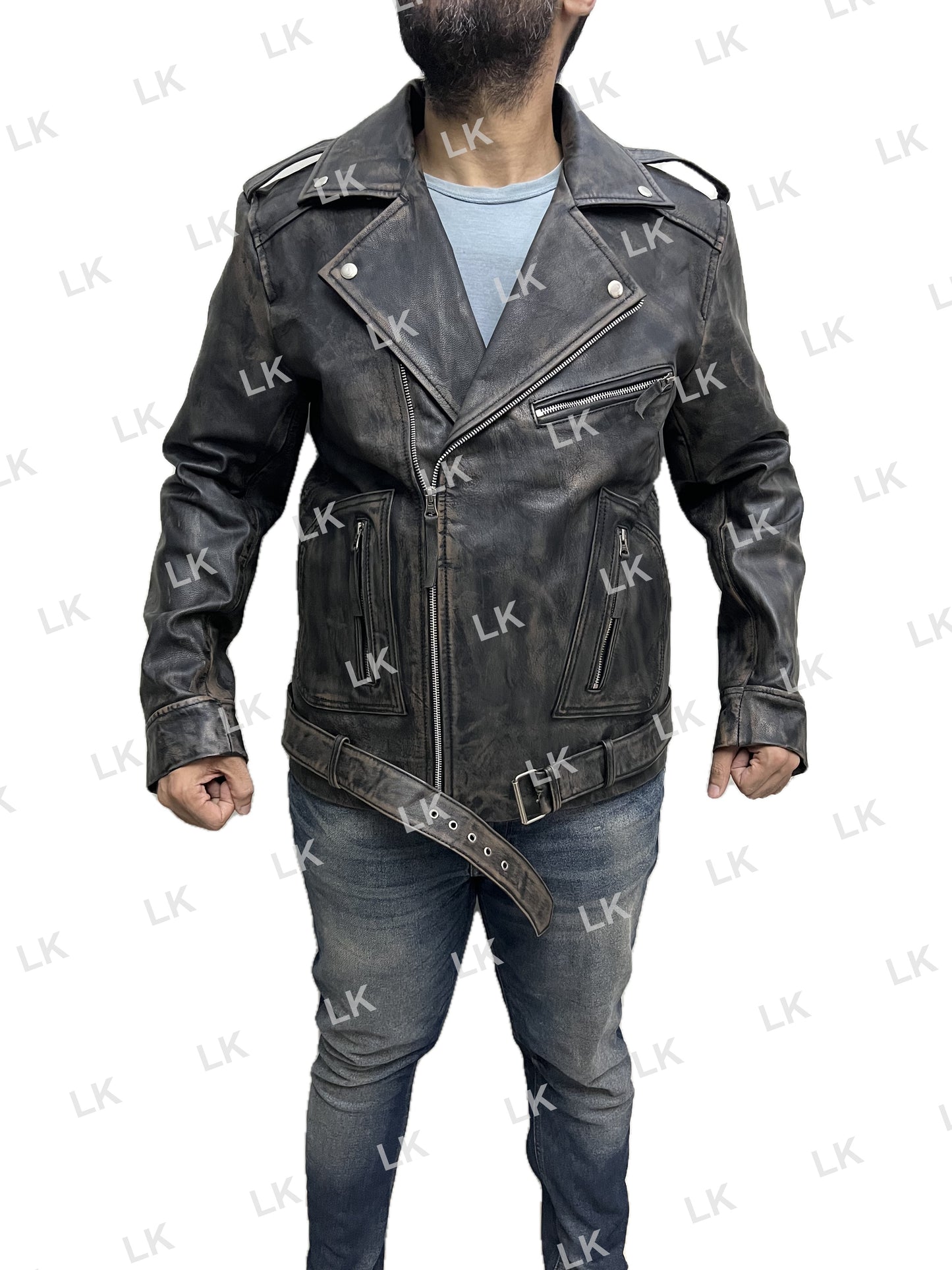 Men Marlon Brando Police Style Terminator distressed real leather biker jacket front view on model