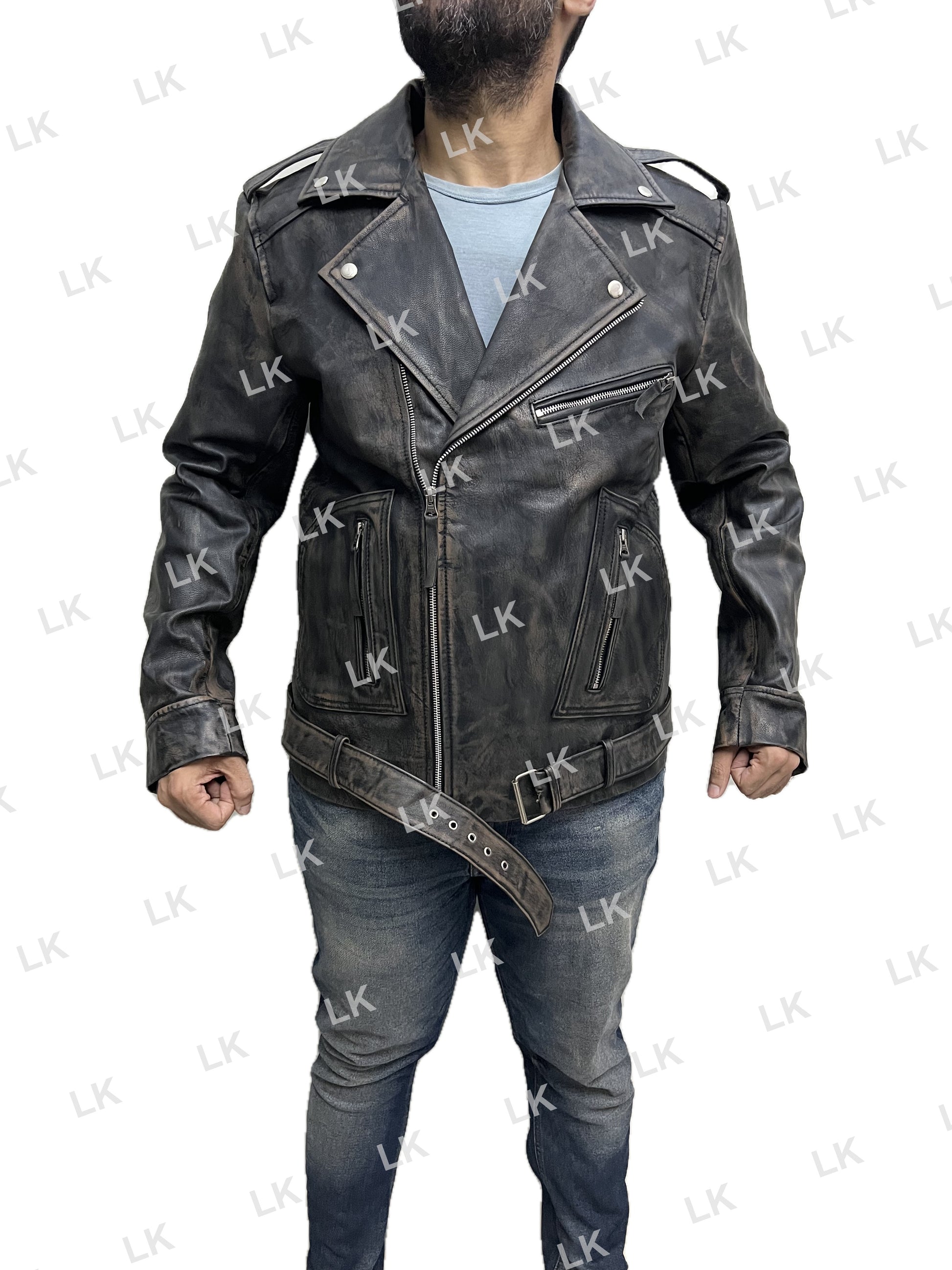 Men Marlon Brando Police Style Terminator distressed real leather biker jacket front view on model