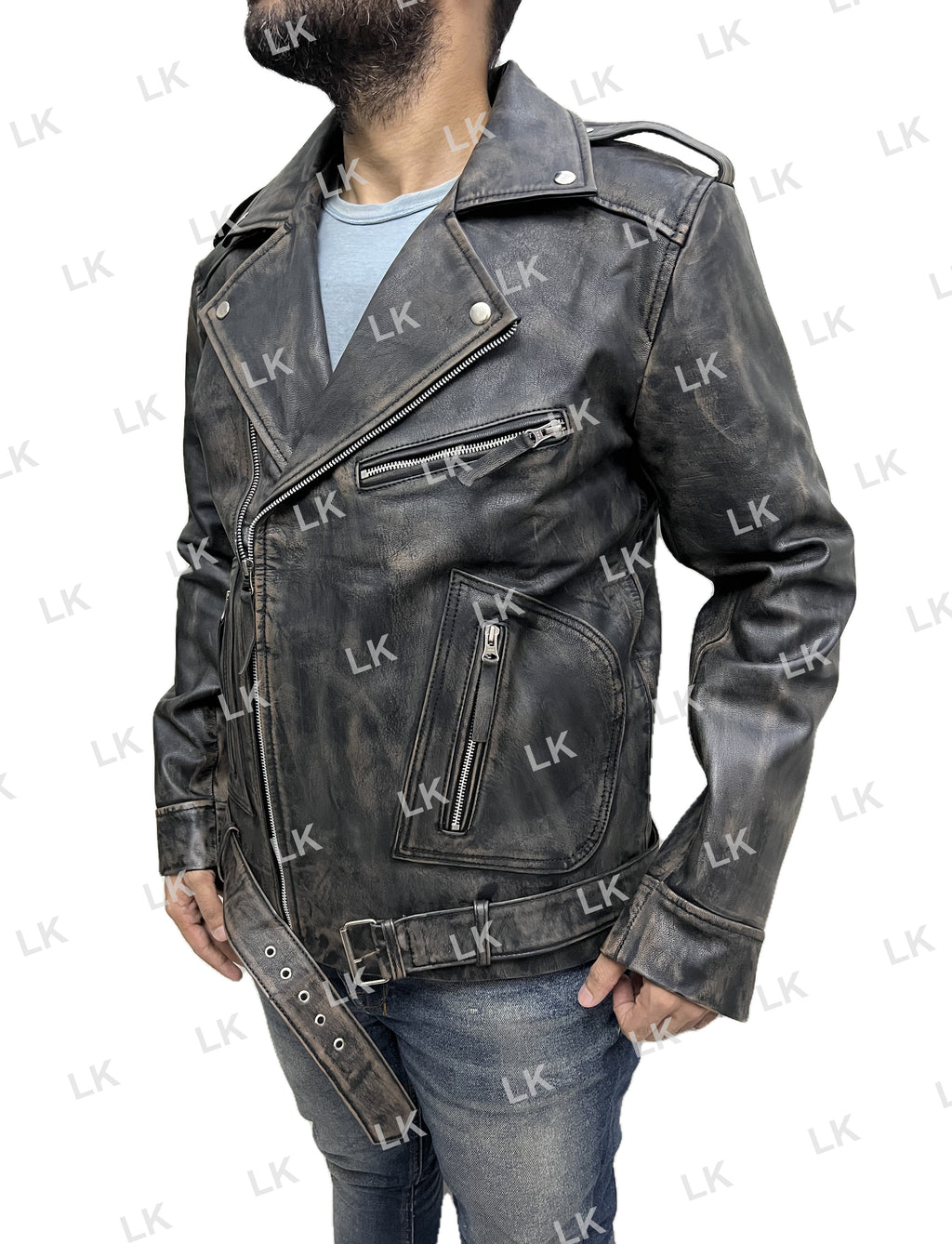 Side angle of Men Marlon Brando distressed real leather police-style biker jacket showing zipper and belt