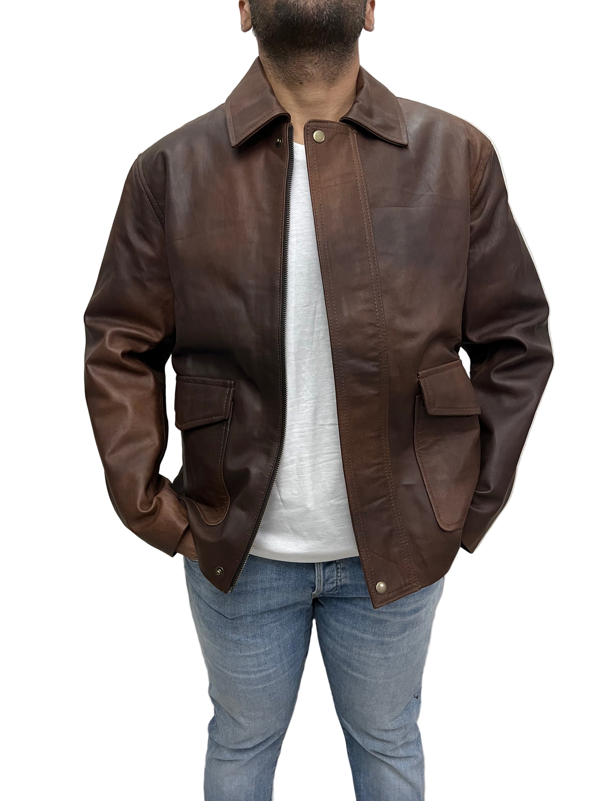 Indiana Jones Harrison Ford inspired leather jacket with partially open front – distressed brown outerwear for men"