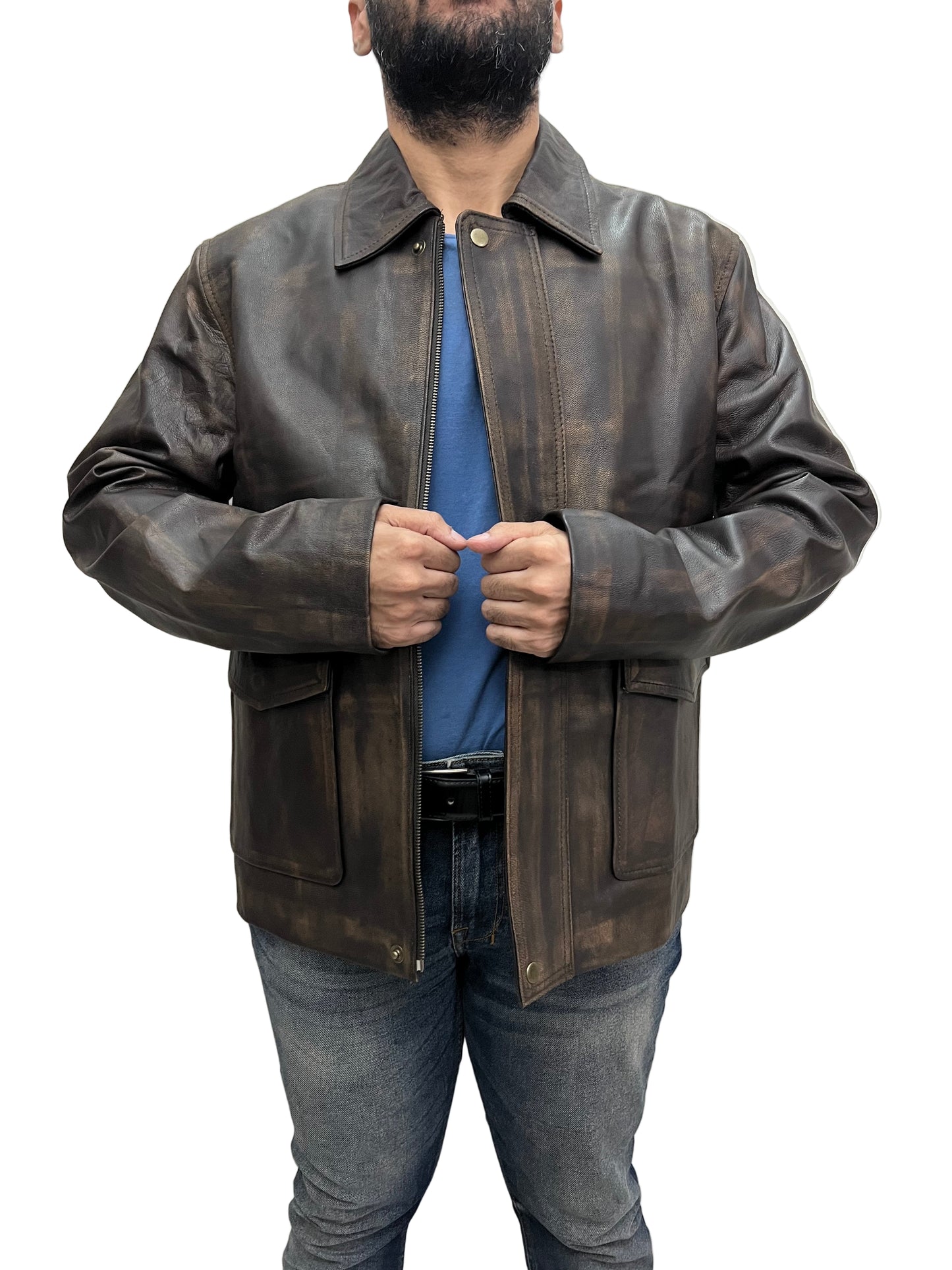 Indiana Jones Harrison Ford inspired leather jacket with partially open front – distressed brown outerwear for men