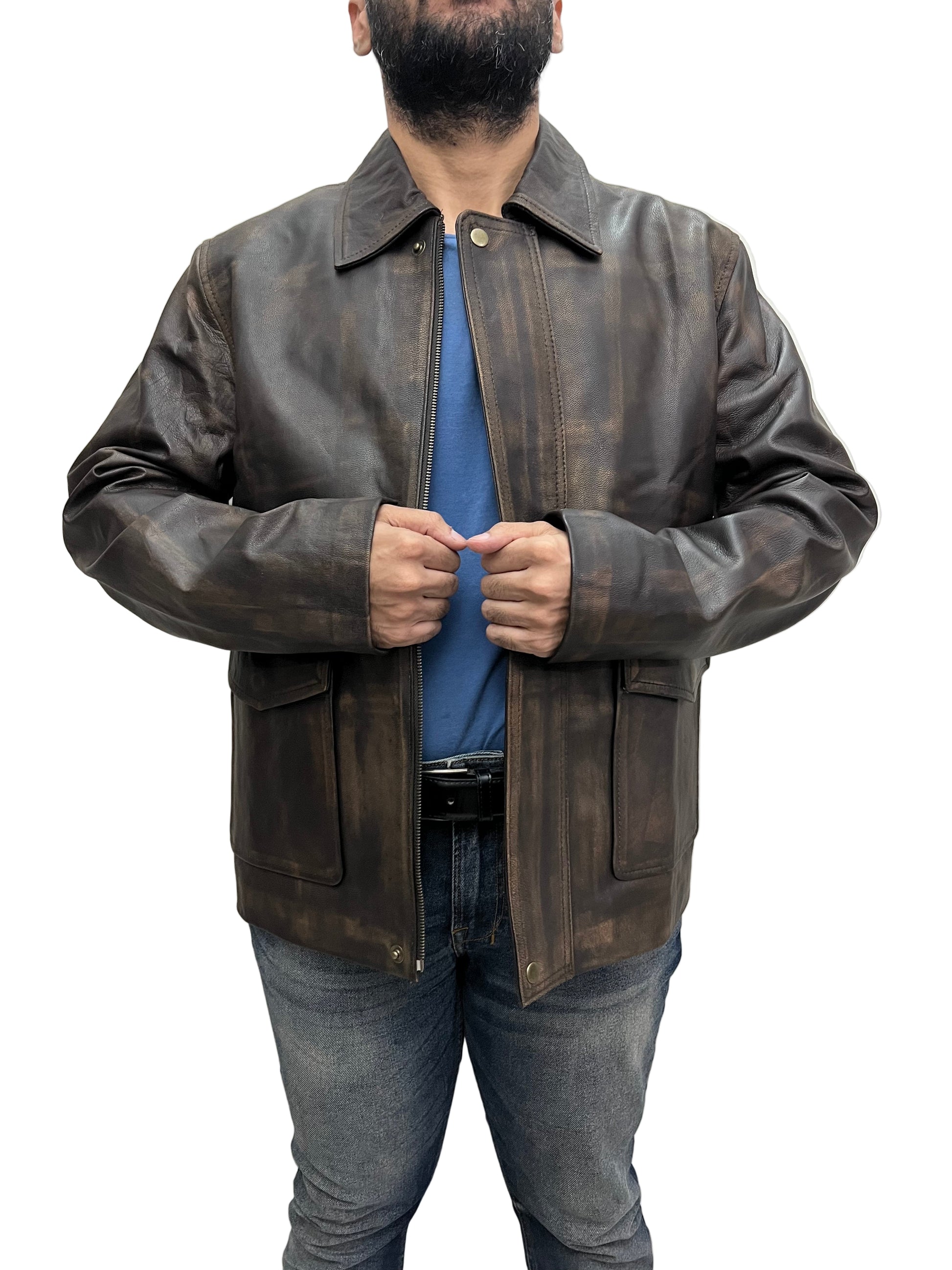 Indiana Jones Harrison Ford inspired leather jacket with partially open front – distressed brown outerwear for men