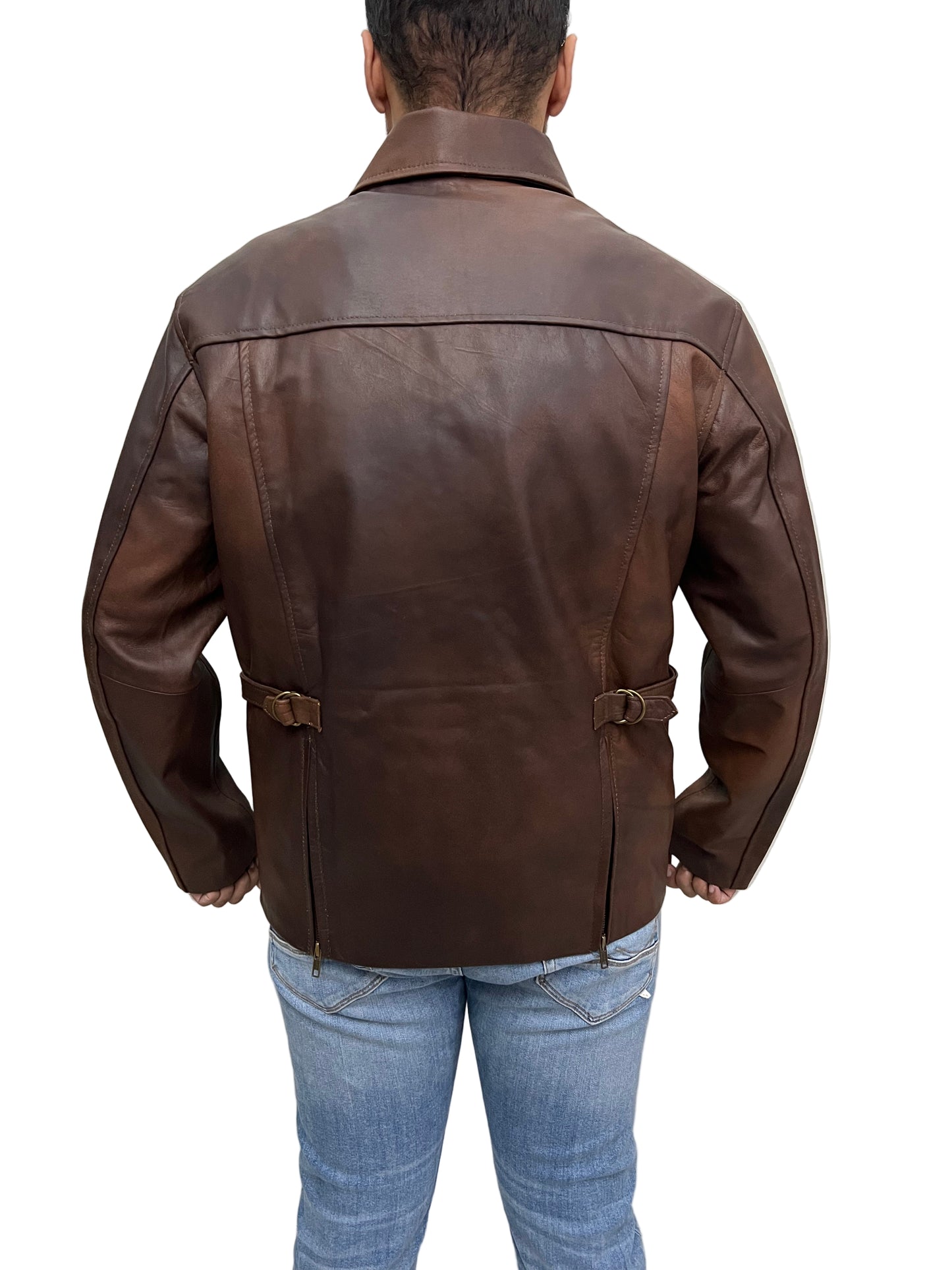 Indiana Jones Harrison Ford distressed brown leather jacket back view with adjustable side straps and vintage design