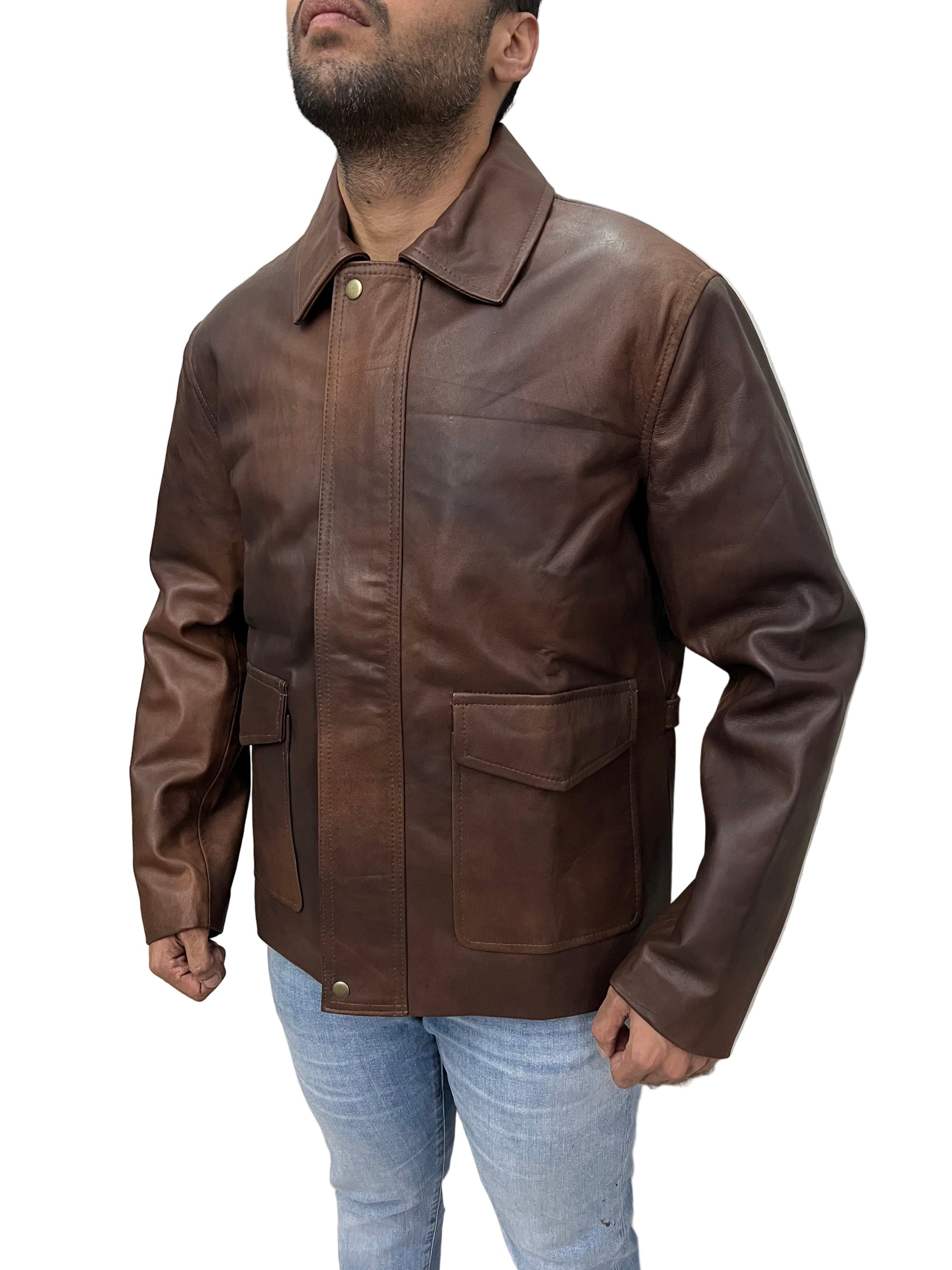 Indiana Jones real brown leather jacket side angle – rugged distressed finish with classic adventure look