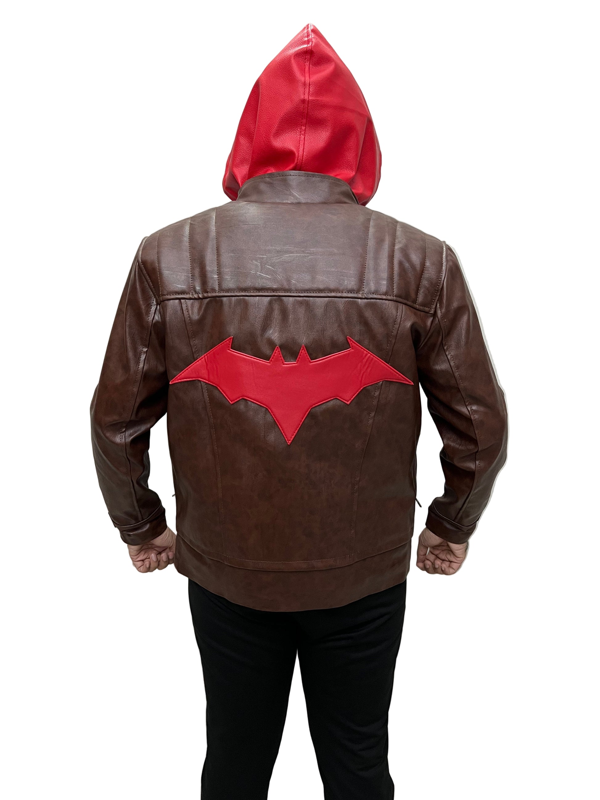 Jason Todd Titans 3 Leather Jacket back view featuring bold red bat emblem on brown leather