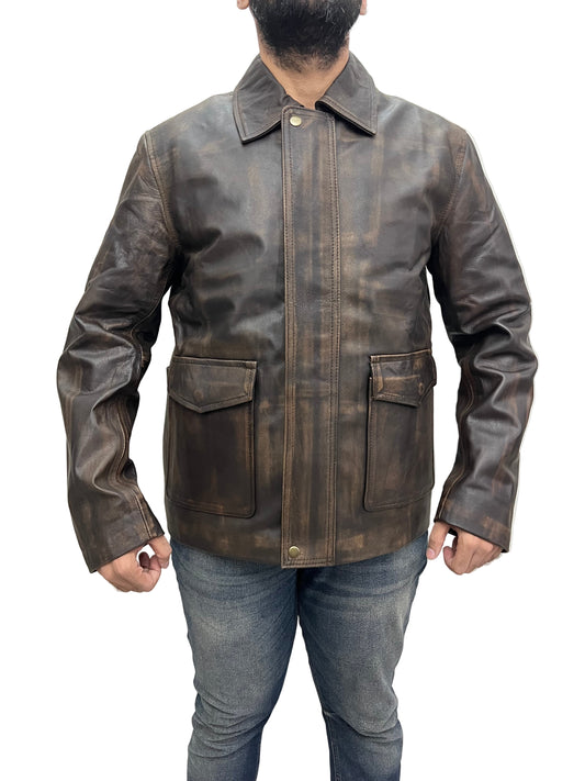 Indiana Jones Harrison Ford Real Leather Jacket front view – distressed brown leather with flap pockets and vintage adventure style