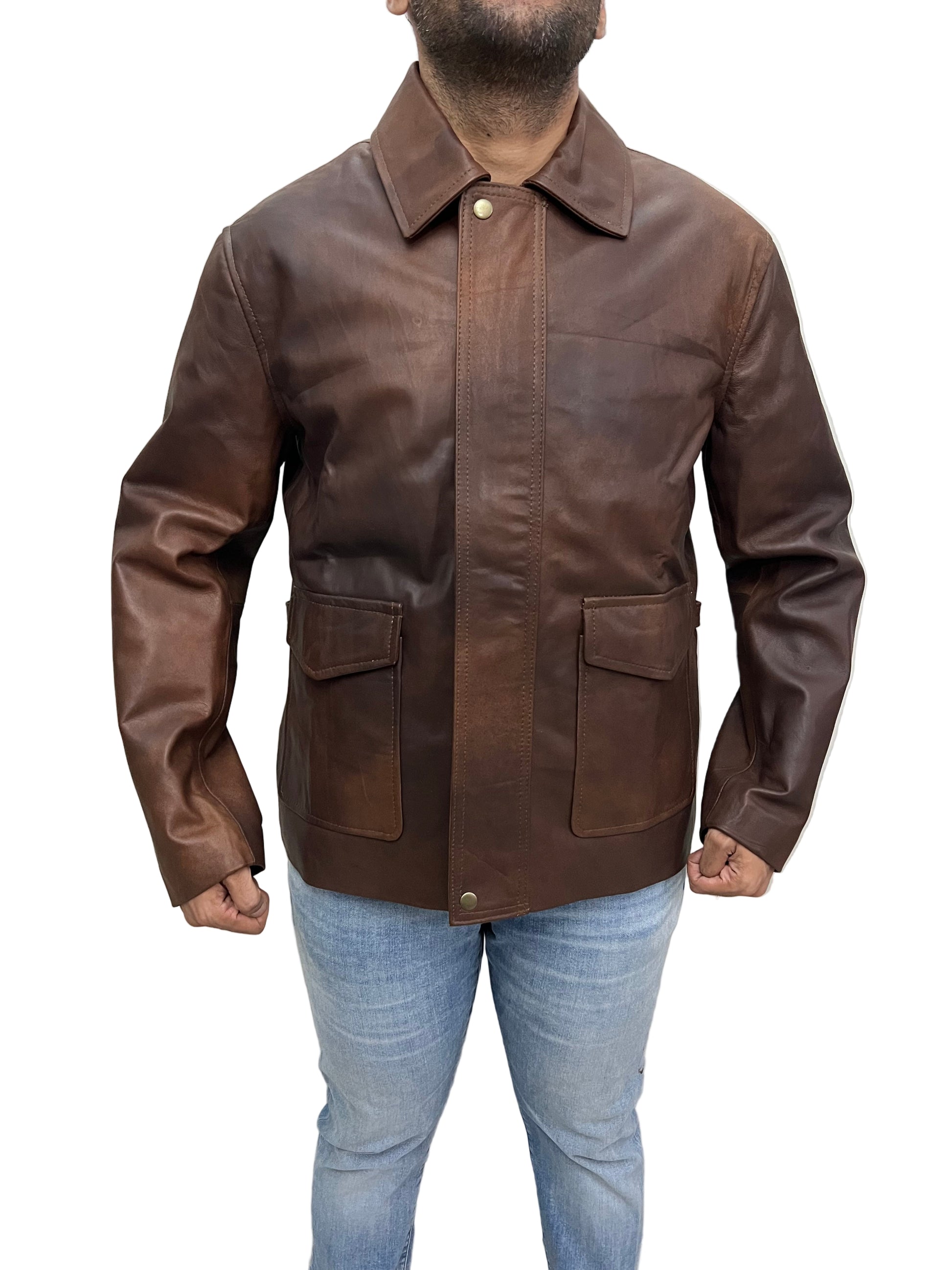 Indiana Jones Harrison Ford Real Leather Jacket front view – distressed brown leather with flap pockets and vintage adventure style