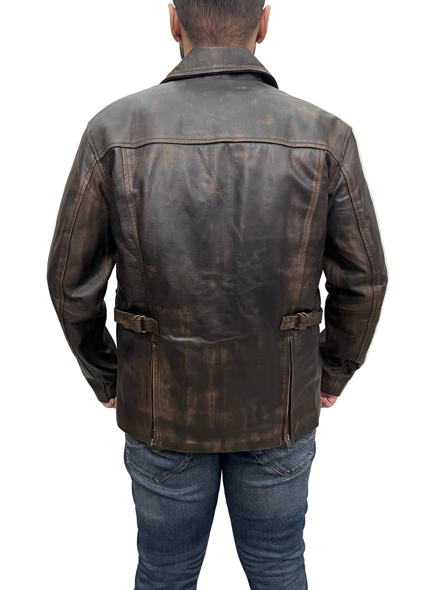 Indiana Jones Harrison Ford distressed brown leather jacket back view with adjustable side straps and vintage design