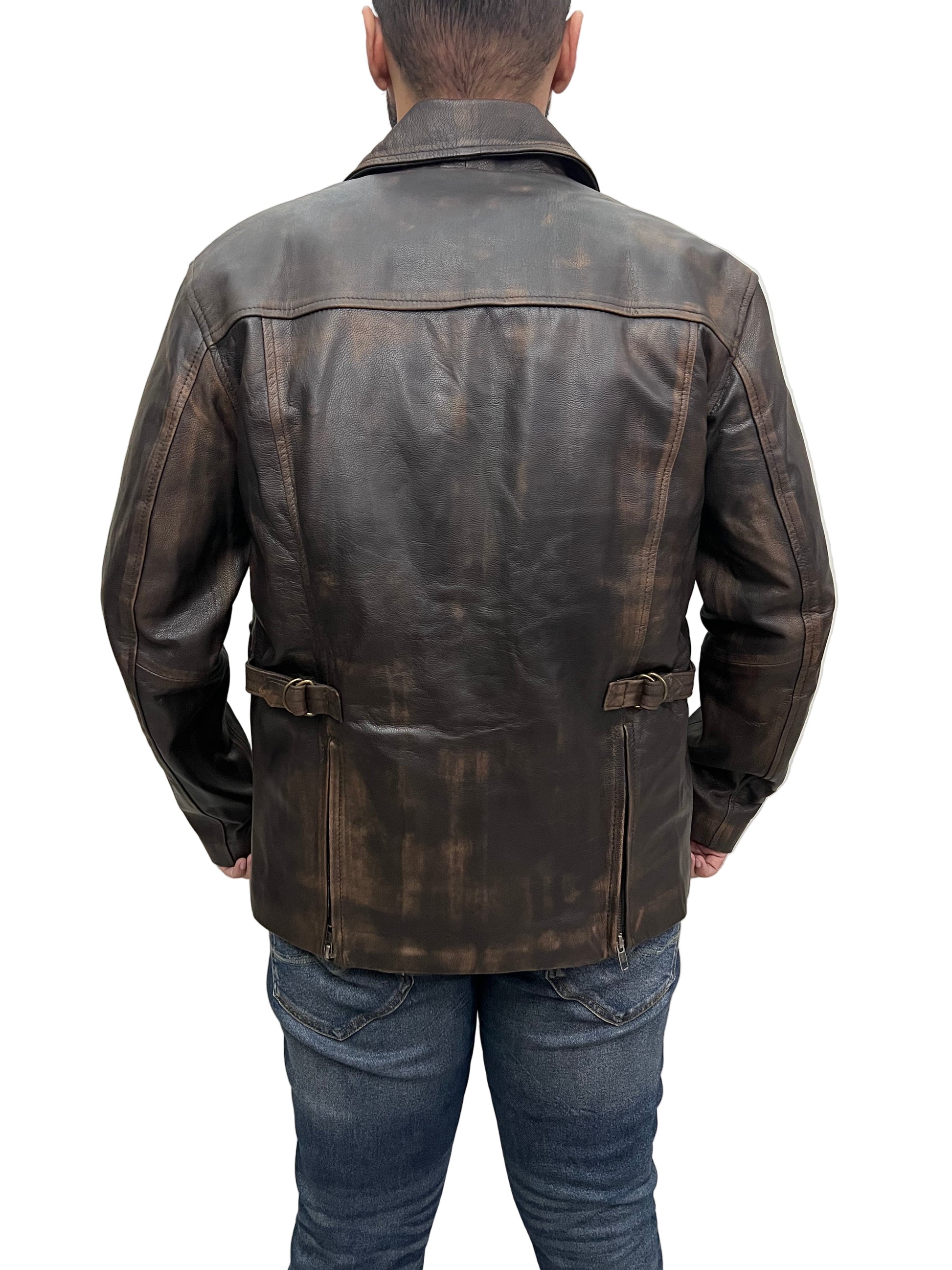 Indiana Jones Harrison Ford distressed brown leather jacket back view with adjustable side straps and vintage design