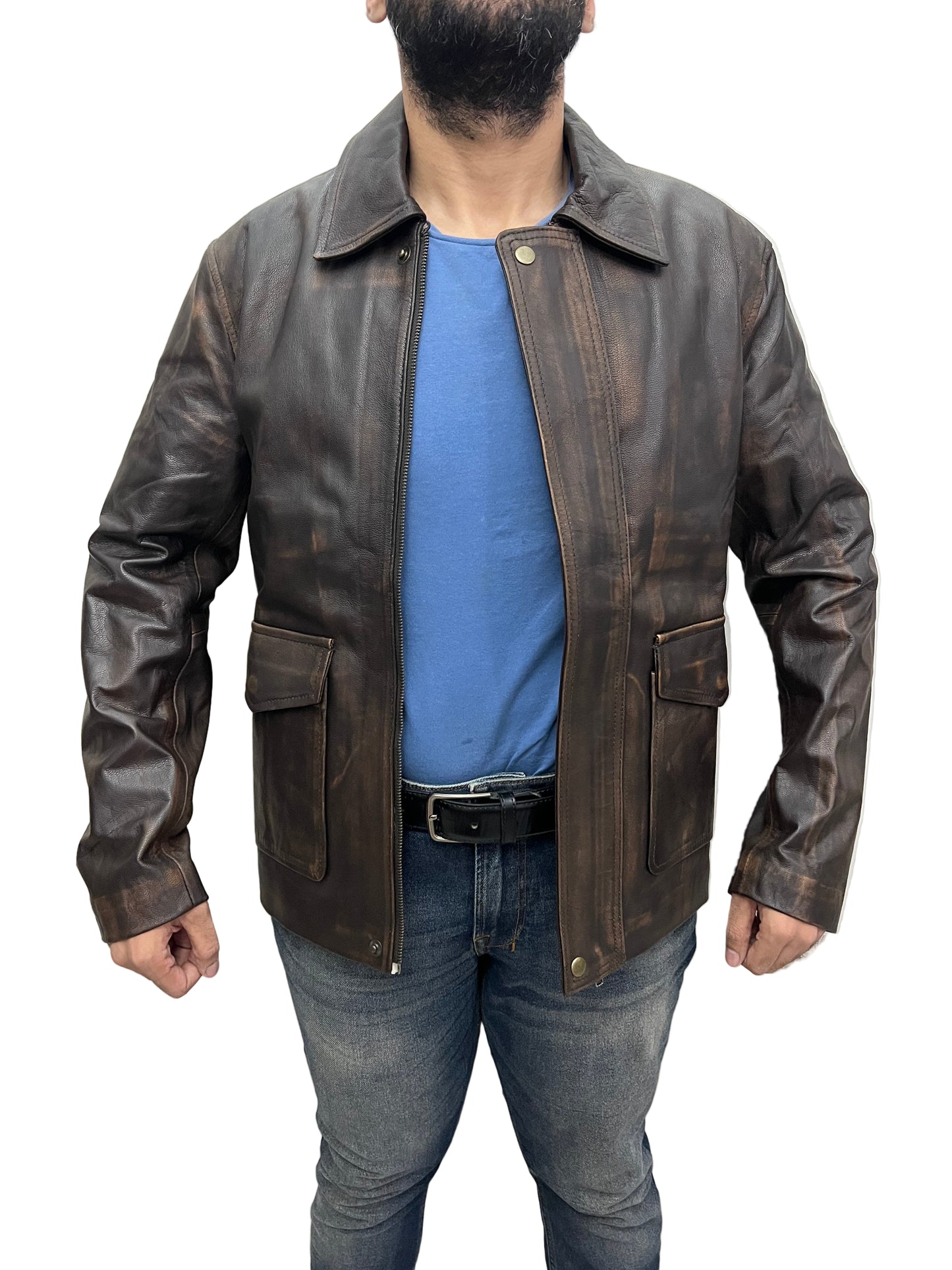 Indiana Jones brown distressed leather jacket open front style with zipper and button closure – Harrison Ford movie replica