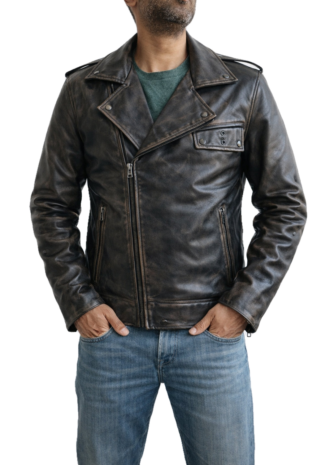 Jason Momoa The Wrecking Crew Jonny Hale distressed biker real leather jacket front view motorcycle style