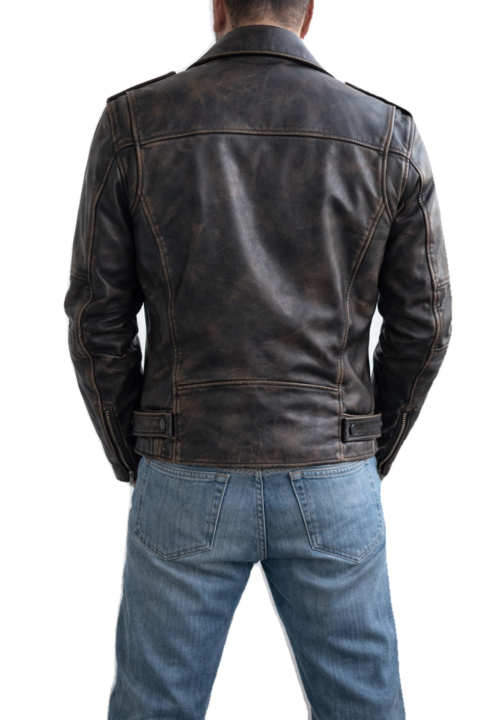 Jason Momoa The Wrecking Crew Jonny Hale distressed biker leather jacket back view premium real leather