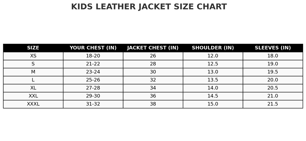 Size chart for kids' leather jackets with measurements in inches.