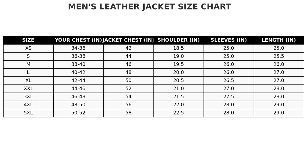 Men's leather jacket size chart with measurements