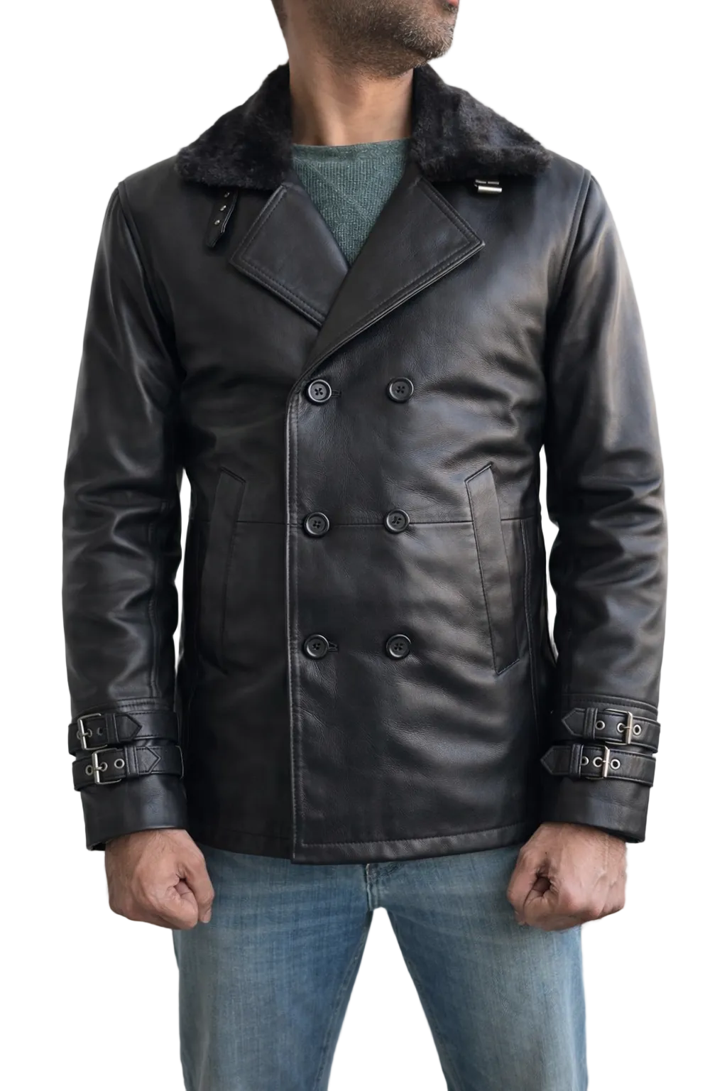 Leon S. Kennedy Resident Evil 9 Requiem black leather coat inspired by RE9 game, double-breasted long trench style jacket with structured shoulders and premium real leather finish.