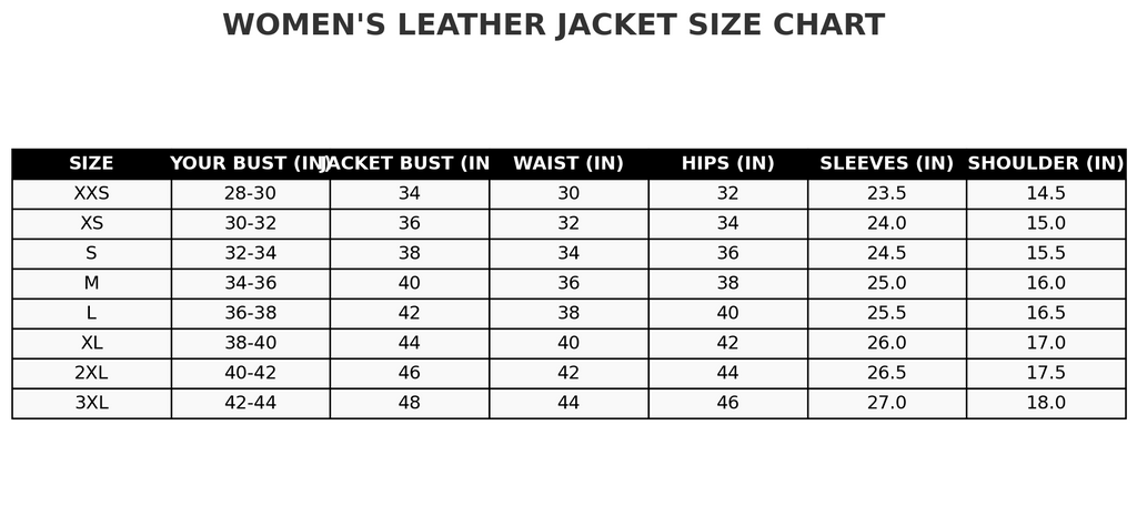 Women's leather jacket size chart with measurements in inches.