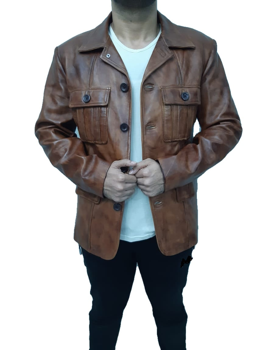 Front view hands-clasped Russell Adler Call of Duty brown leather coat with flap pockets