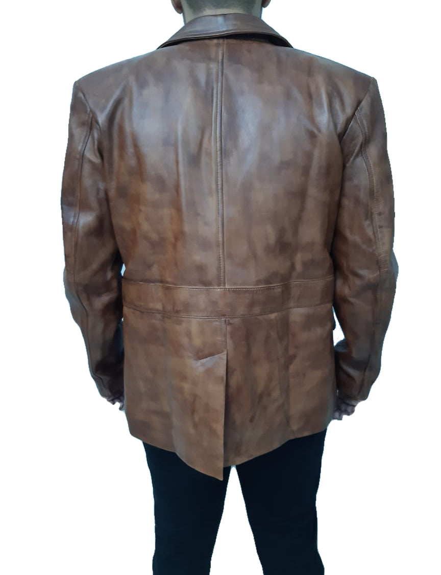 Back view Call Of Duty inspired Russell Adler long brown leather jacket