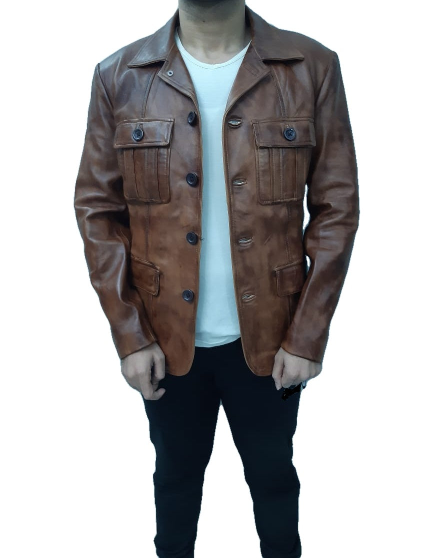 Front view Call Of Duty Russell Adler Real Leather Jacket, button closure, brown vintage finish