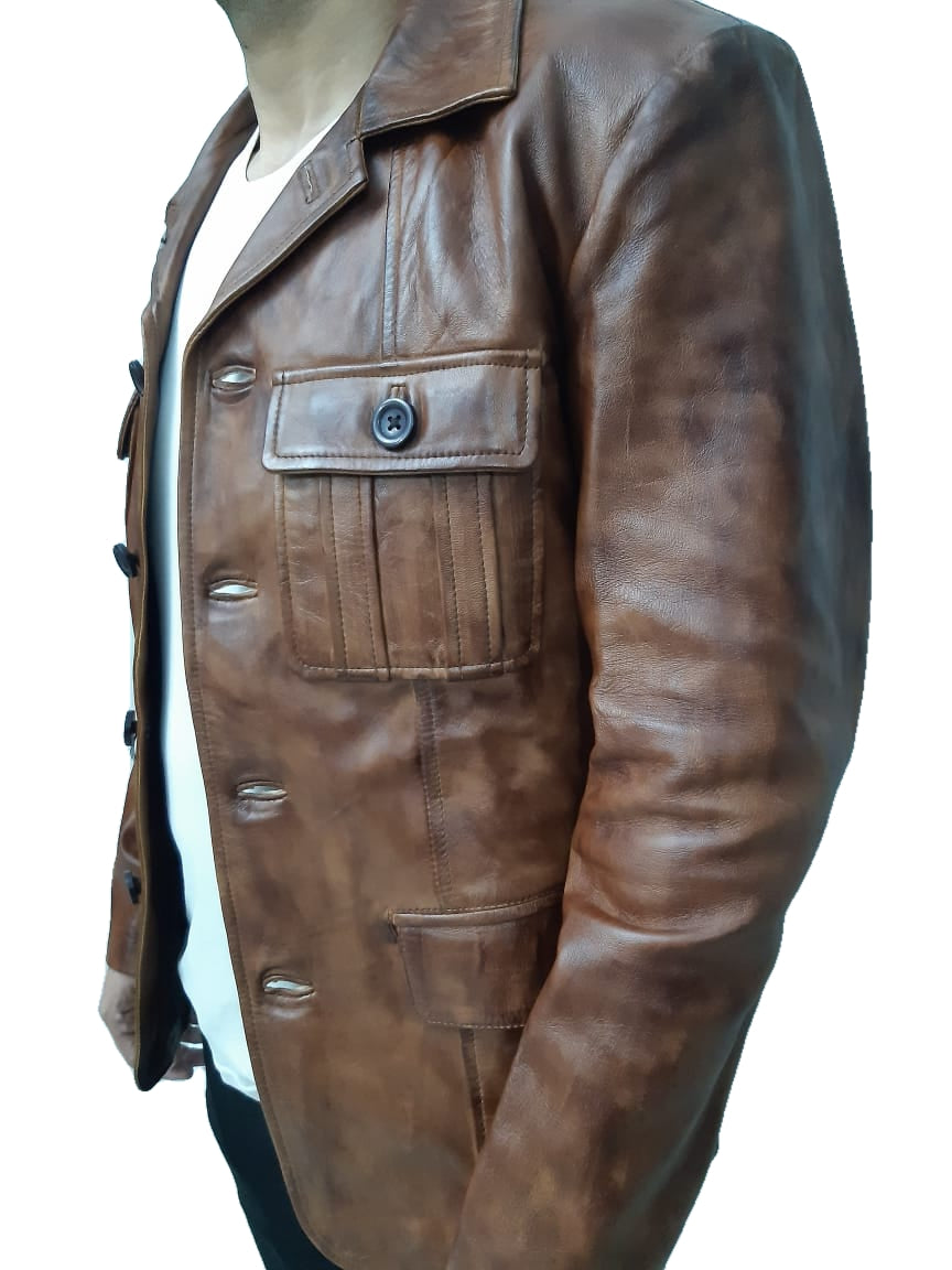 Side angle Russell Adler coat with buttoned pockets, premium brown leather