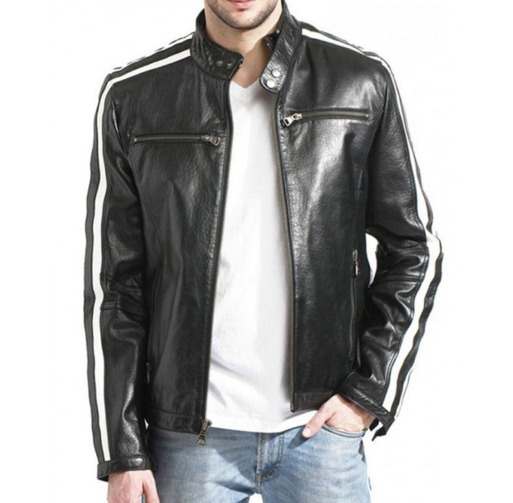 Leon Scott Kennedy Resident Evil 3 black biker leather jacket with white sleeve stripes front view