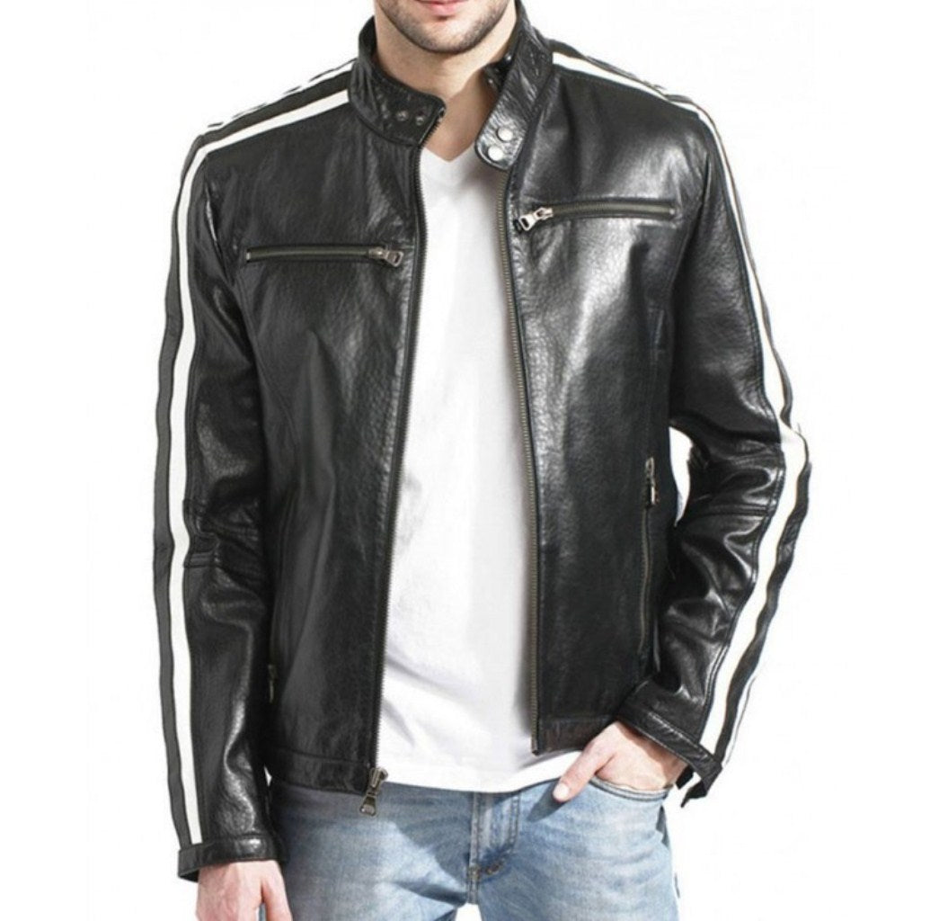 Leon Scott Kennedy Resident Evil 3 black biker leather jacket with white sleeve stripes front view