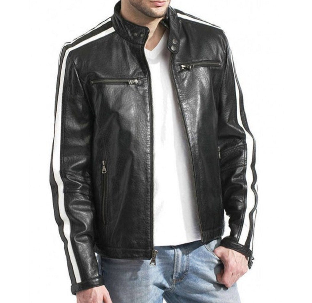 Resident Evil 3 Leon Scott Kennedy white-striped black leather motorcycle jacket for men