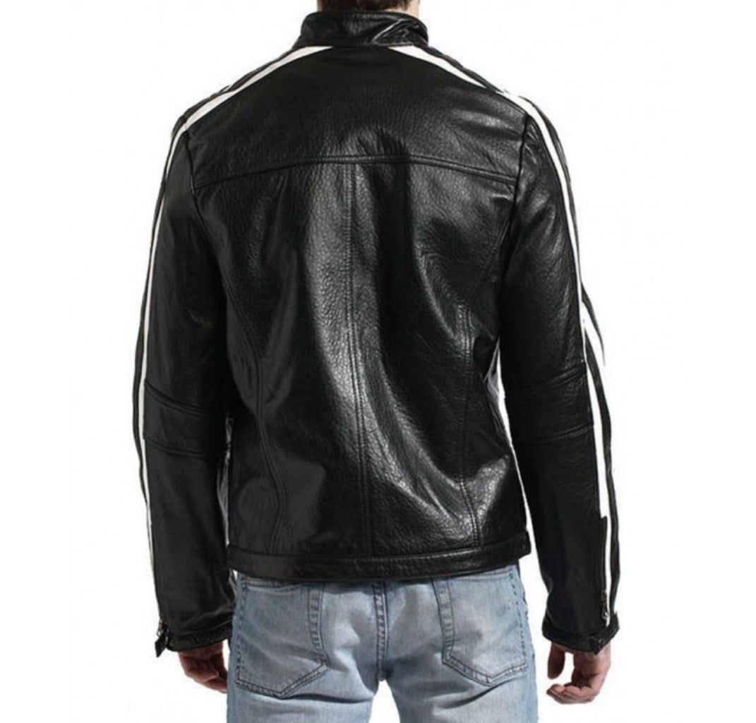 Back view of Resident Evil 3 Leon Kennedy black biker jacket with white racing stripes